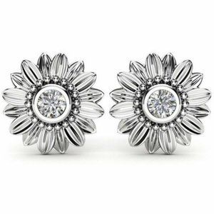 Sterling Silver Diamond Sunflower Stud Earrings